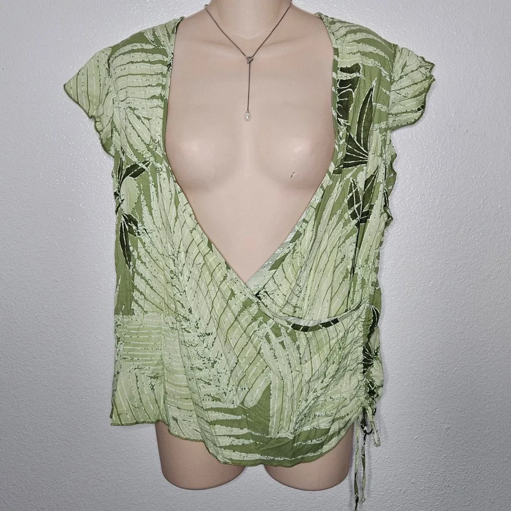 Jams World Womens Green Tropical Palm Print Wrap Open Front Side Tie Top